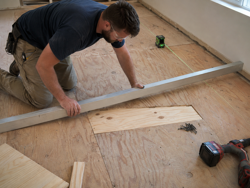 Contractor checking and leveling an uneven wood subfloor
