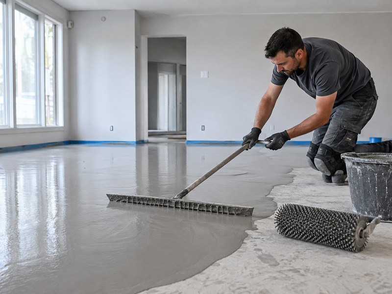 Contractor spreading self-leveling underlayment across a concrete floor