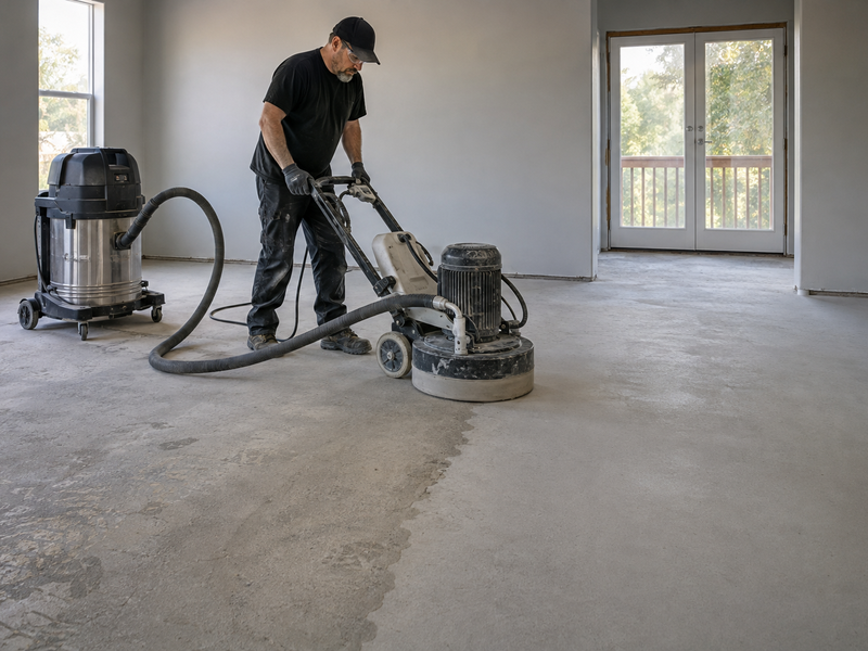 Contractor grinding a high spot in a concrete subfloor with dust extraction