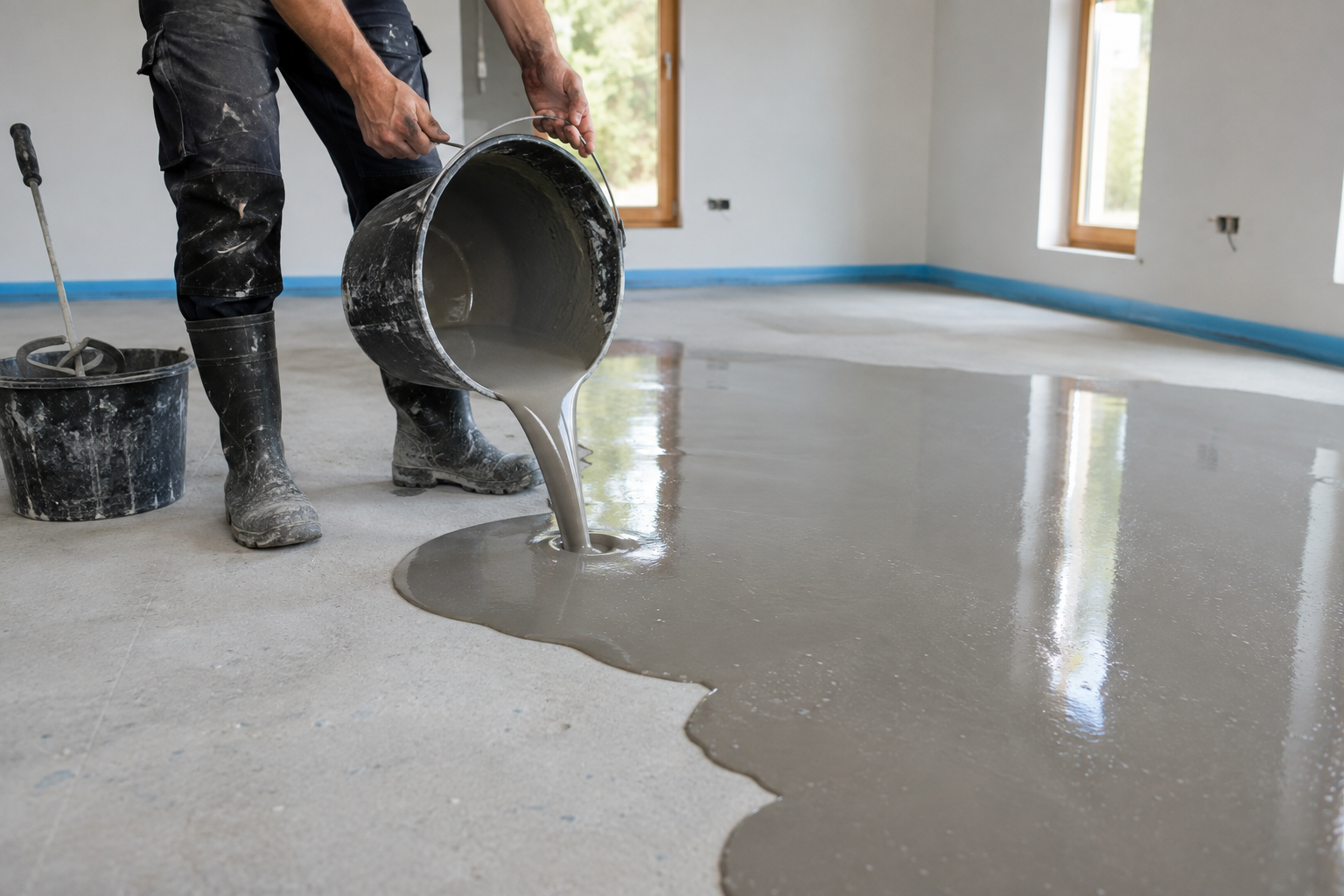 Contractor pouring self-leveling underlayment across an uneven concrete floor